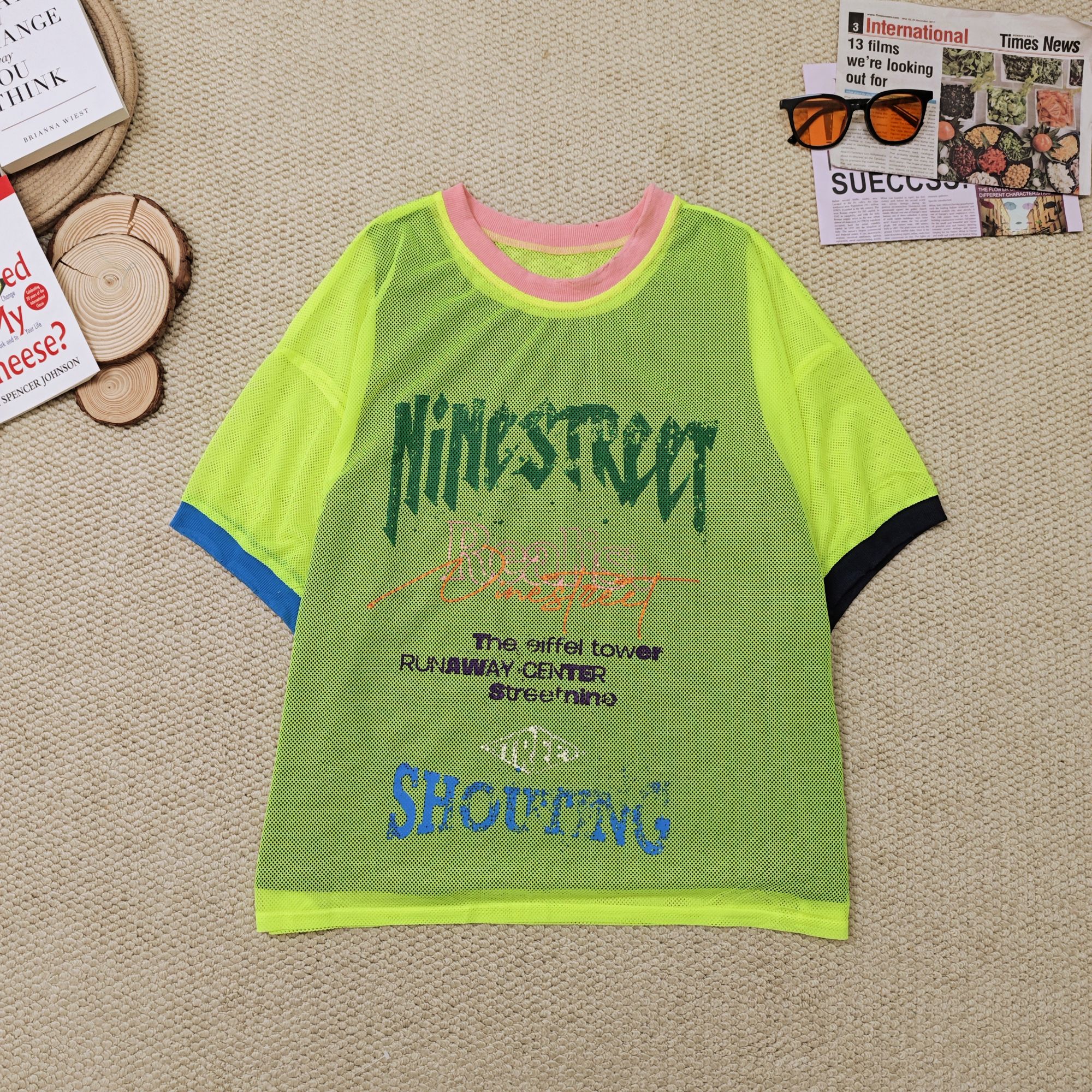 2025夏季新款宽松百搭字母印花真两件镂空网纱短袖T恤2683