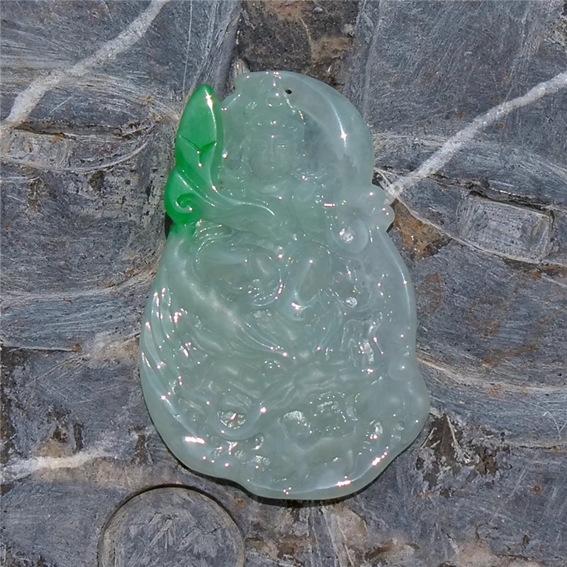灵=运0753天然A货缅甸老坑正阳绿翡翠观音菩萨如意龙牌子吊坠挂件
