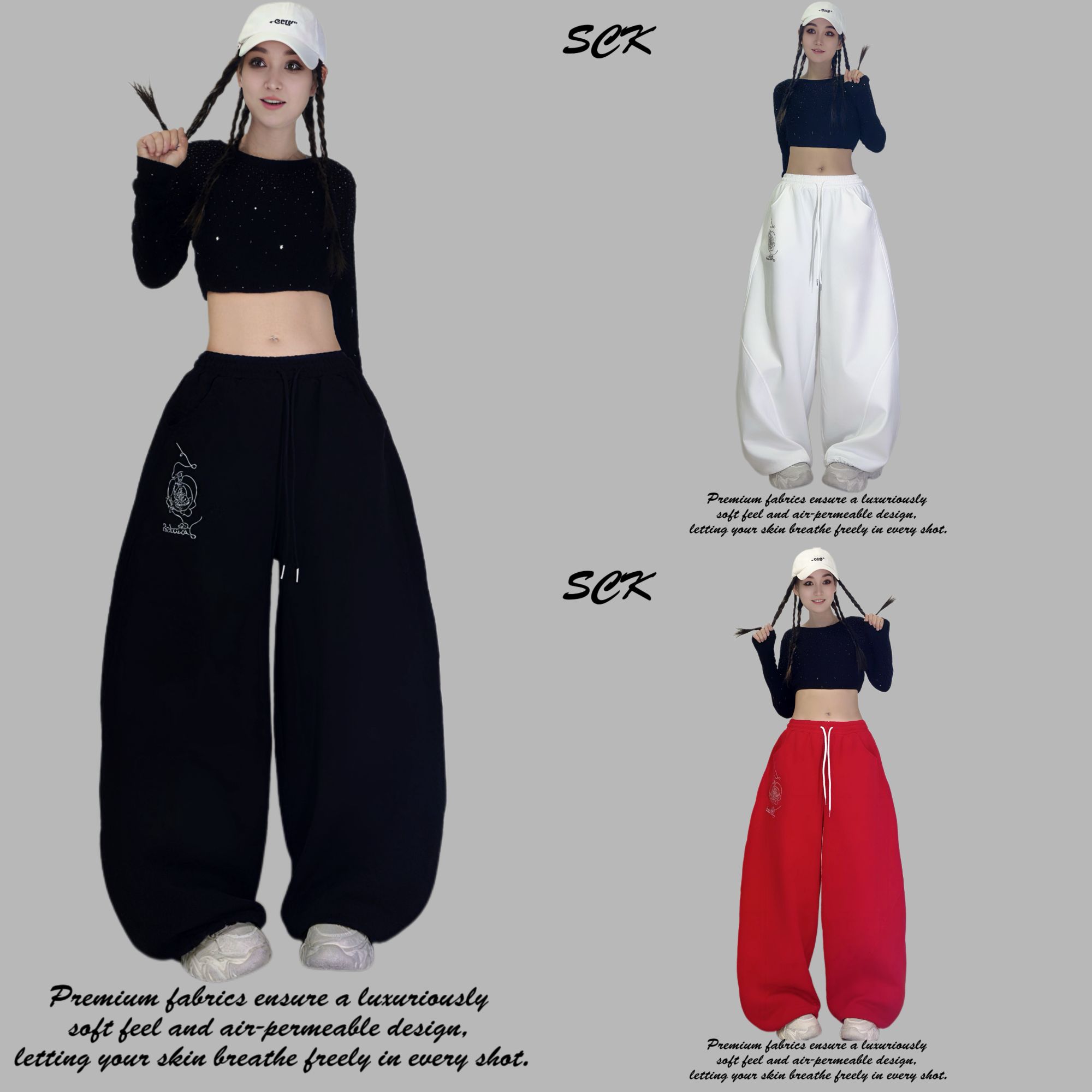 烫钻玫瑰花休闲运动阔腿裤—6009（YL）