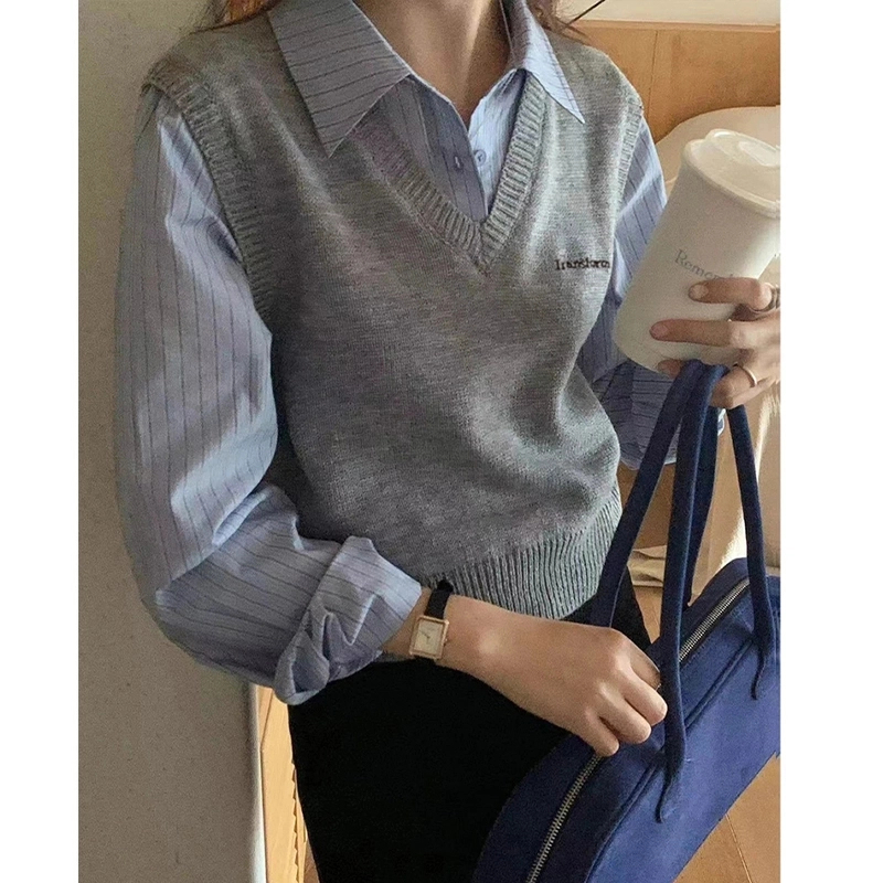 假两件拼接针织长袖衬衫女2025年春秋新款学院风时尚休闲百搭上衣