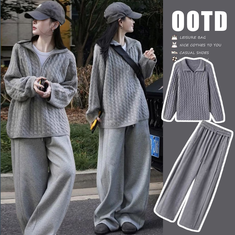 时尚孕妇2025秋冬套装韩版时尚宽松慵懒风毛衣+休闲阔腿裤套装