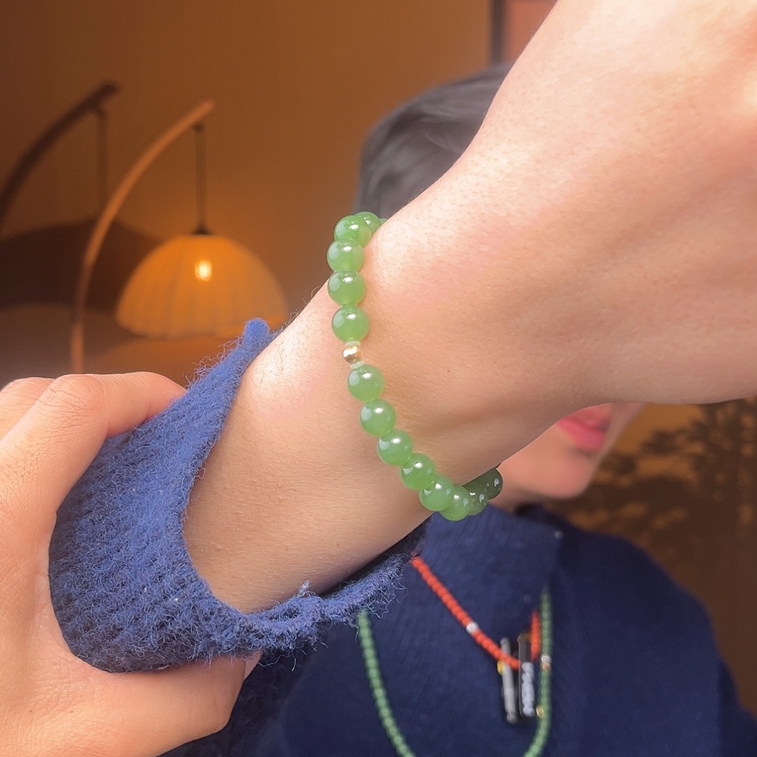 和田玉手串18K金镶嵌碧玉无矿点卡8