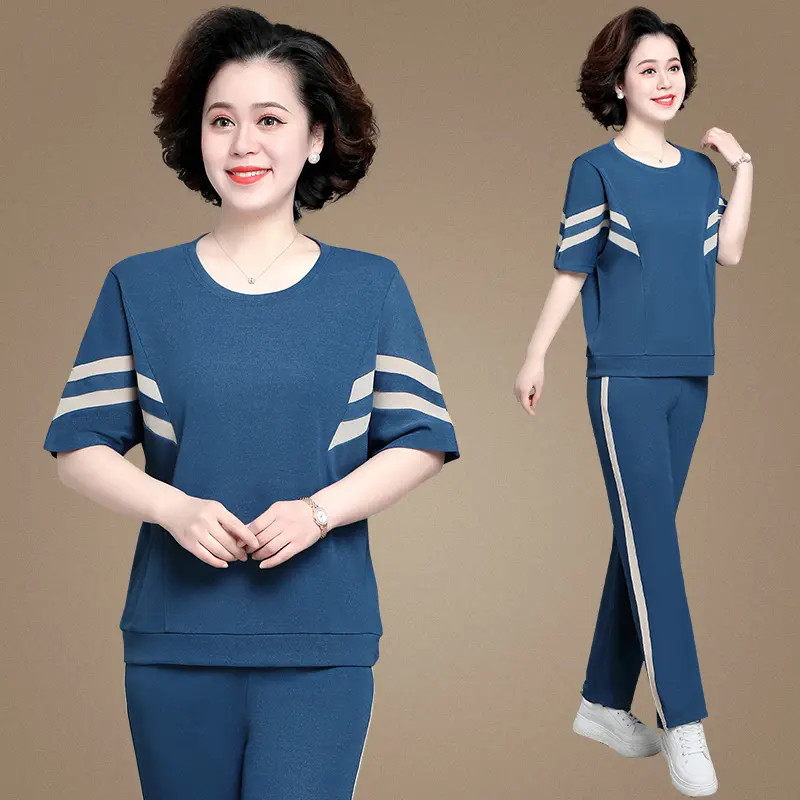 C151夏季妈妈洋气运动服套装新款中老年人两件套时尚休闲套装短袖