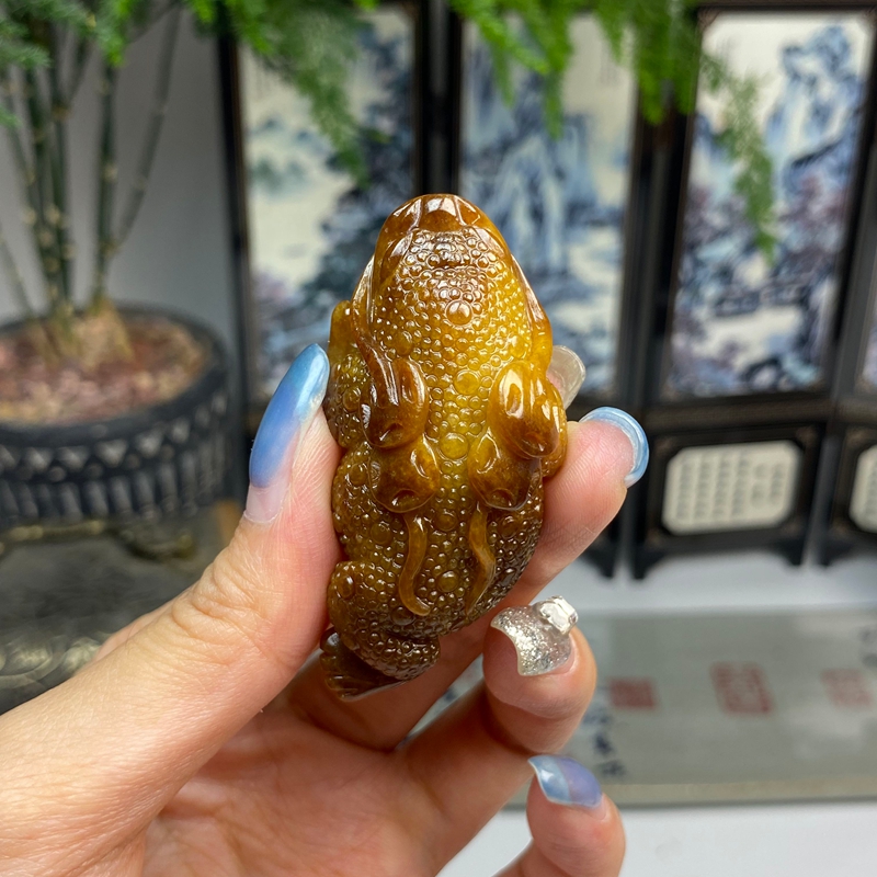 红黄翡满色蟾蜍三脚金蟾挂件摆件 天然翡翠A货
