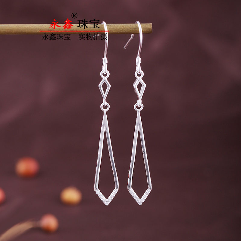 足银耳饰 999纯银耳坠女几何镶嵌简约长款菱形耳钩耳挂养耳洞