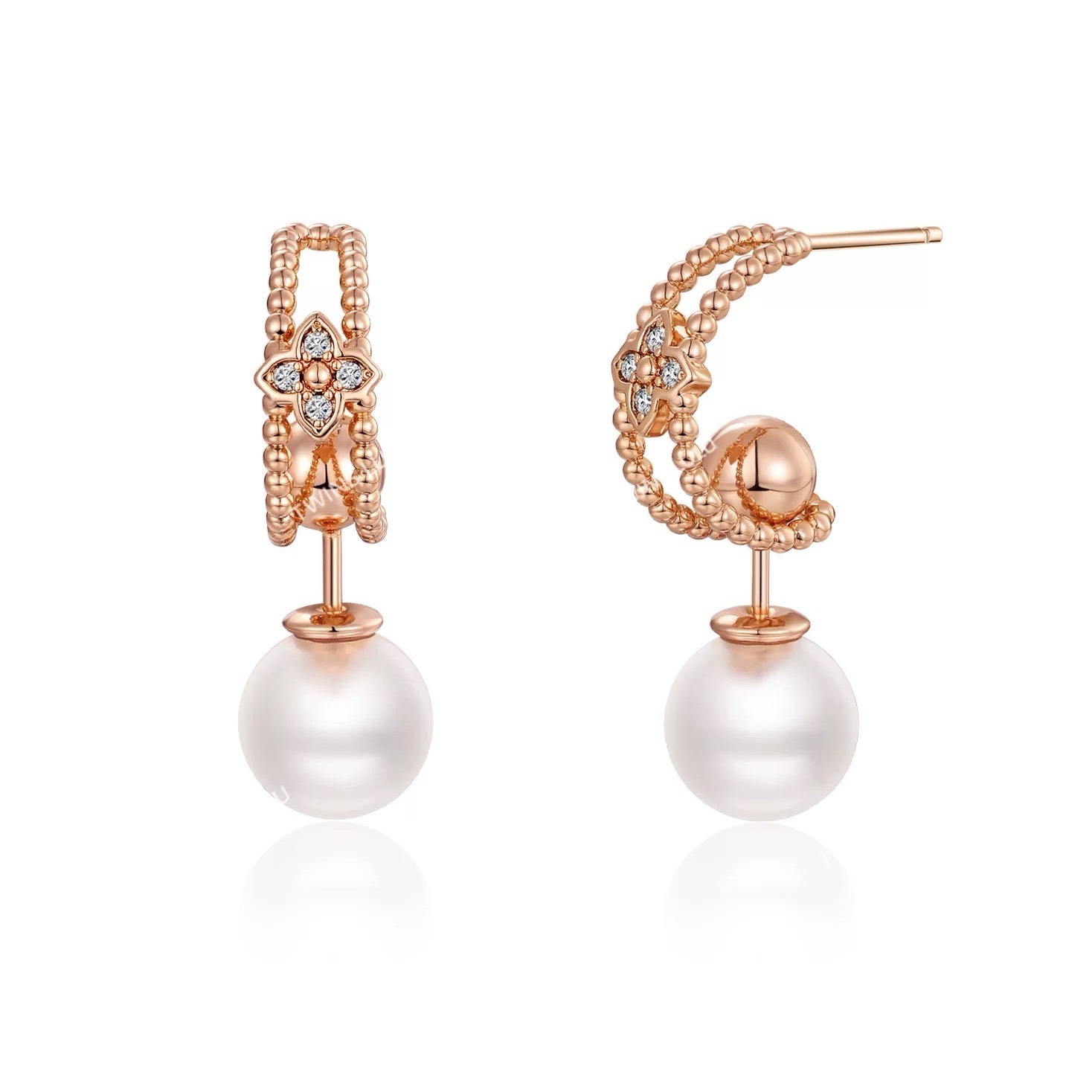 铜合金仿珍珠耳饰 轻奢气质时尚百搭C形珠珠四叶耳环玫瑰金色法式