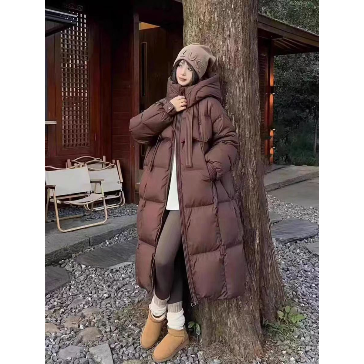 A02#2025连帽韩版飘带长款羽绒服加厚大被子宽松保暖过膝白鸭绒