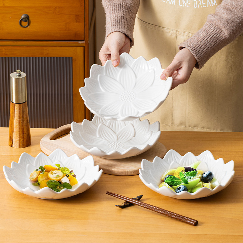 句途4个8.5英寸莲花汤盘家用陶瓷大盘子感沙拉盘ins风餐盘点心盘
