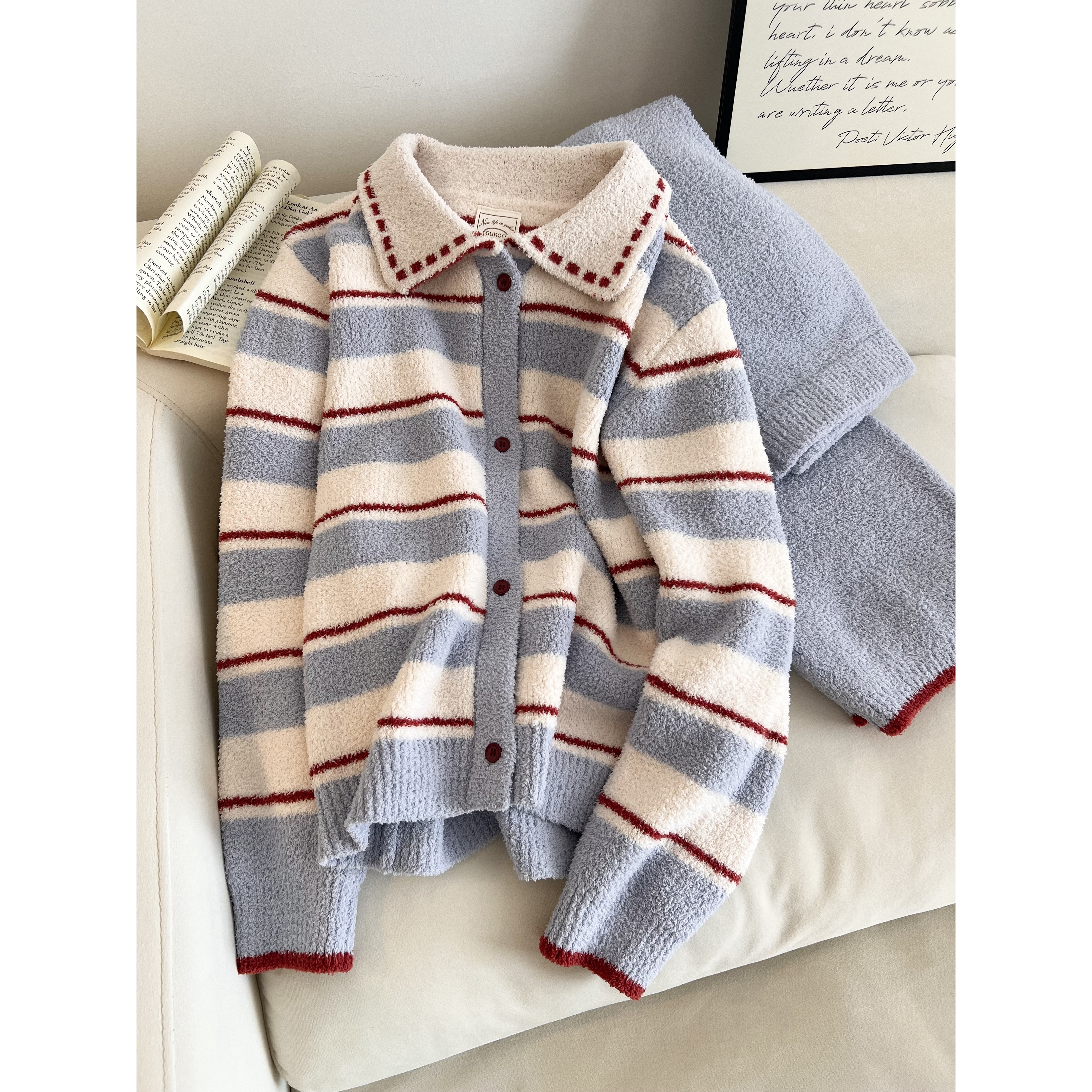  慵懒复古可爱条纹半边绒睡衣女款秋冬季舒适开衫保暖家居服套装