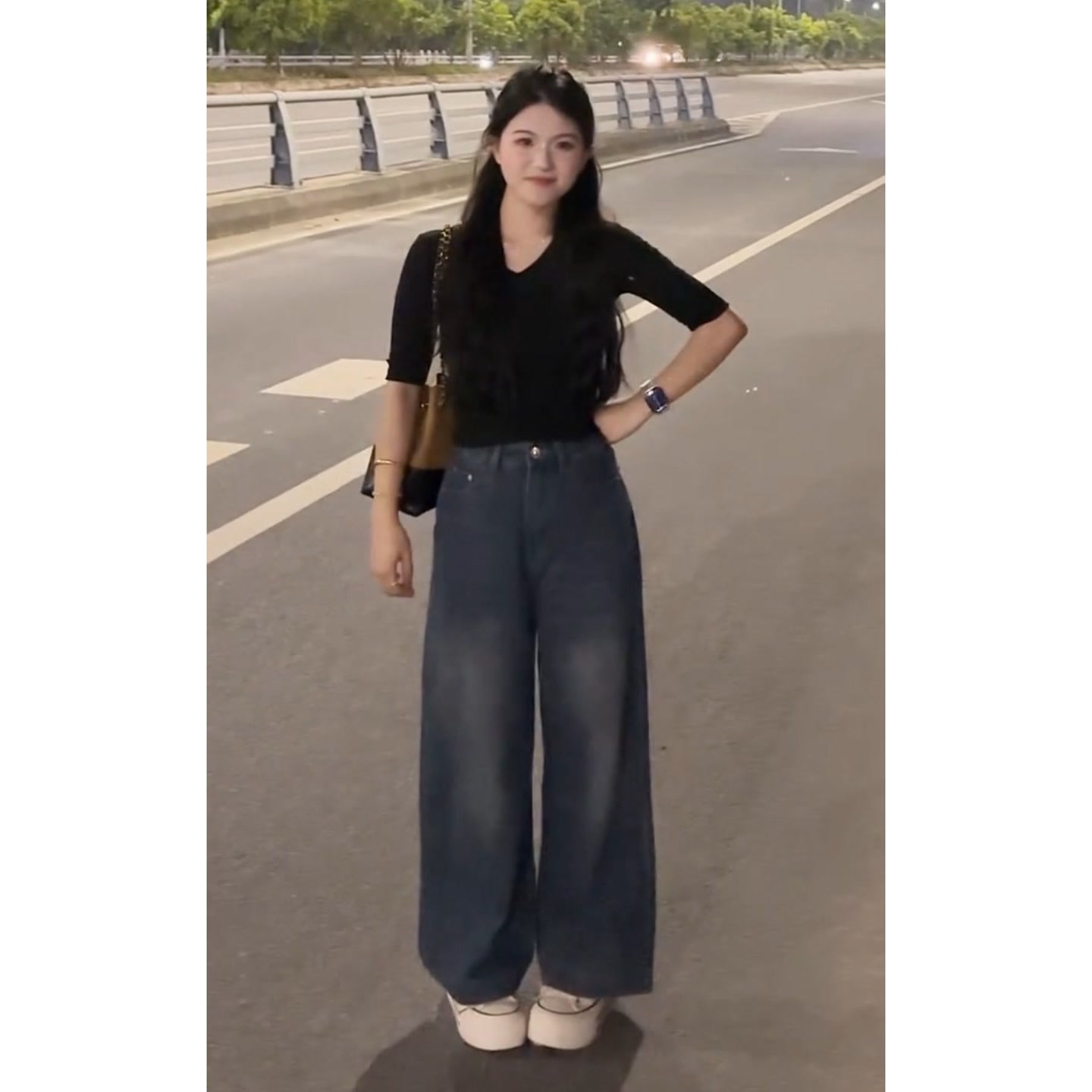 YOO[纯欲风]辣妹V领修身中袖打底衫一复古小个子窄版九分裤151一