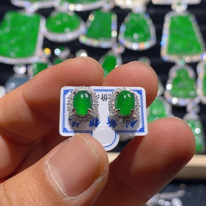 翡翠耳饰银S925镶嵌天然A货翡翠