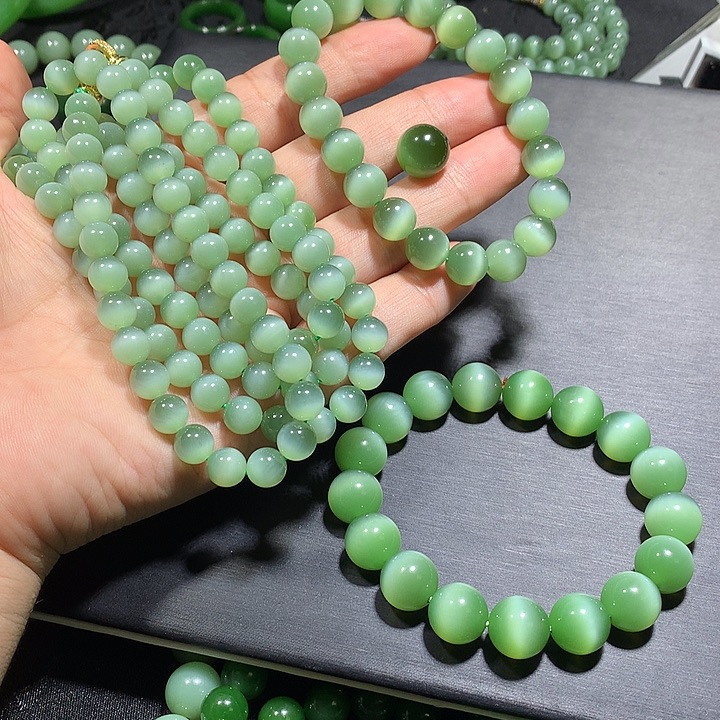 和田玉（碧玉）未镶嵌颈饰猫眼项链108、串10米、12m单珠12m