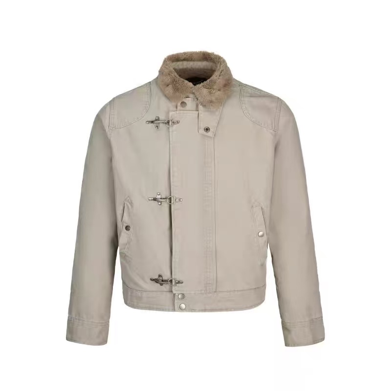 美式复古飞机扣设计感加绒翻领夹克女vintage做旧棉服外套男冬季