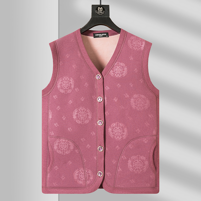 加绒加厚纽扣V领宽松型口袋中老年女装保暖老人秋冬开衫坎肩马甲