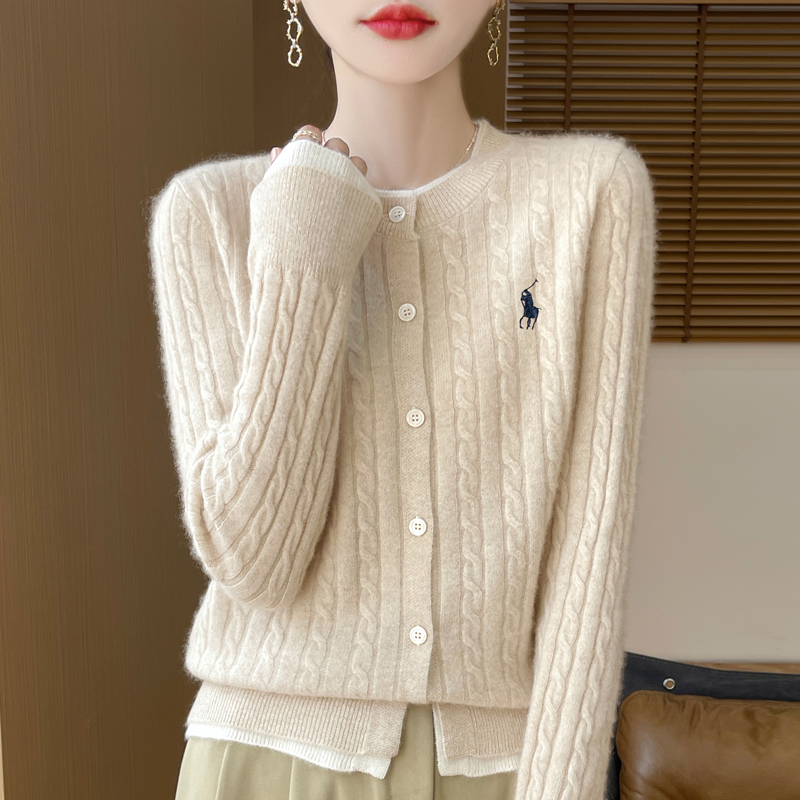 【柔软~亲肤】刺绣马圆领羊毛开衫假两件春季新款时尚百搭女士外套