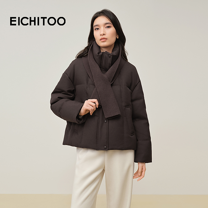 爱居兔中空纱高级羽绒服2025年冬季新款女围巾领外套EWRAJ4Q047A