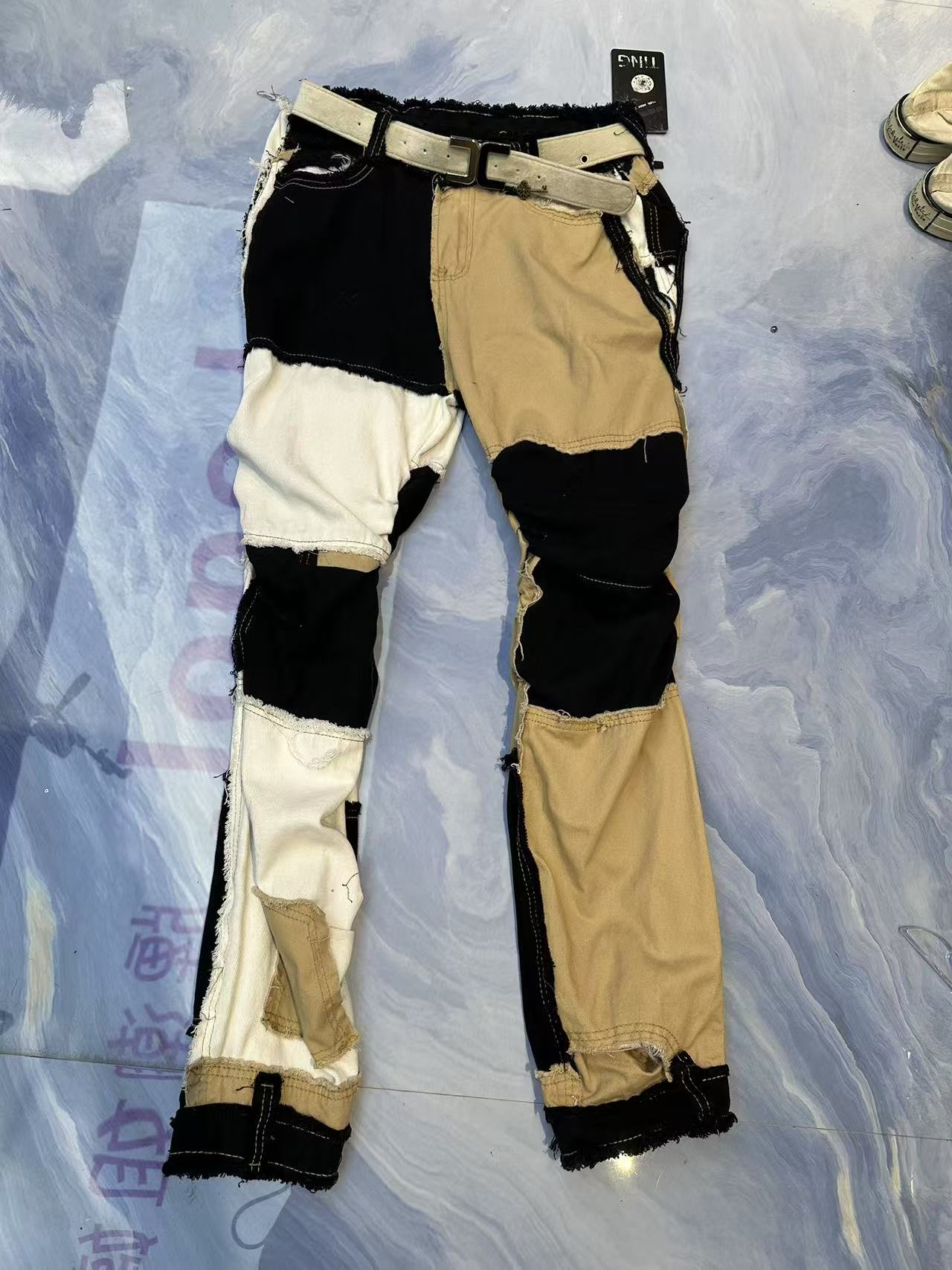 H00084 运动户外休闲透气加绒防风登山拼接牛仔保暖弹力裤子