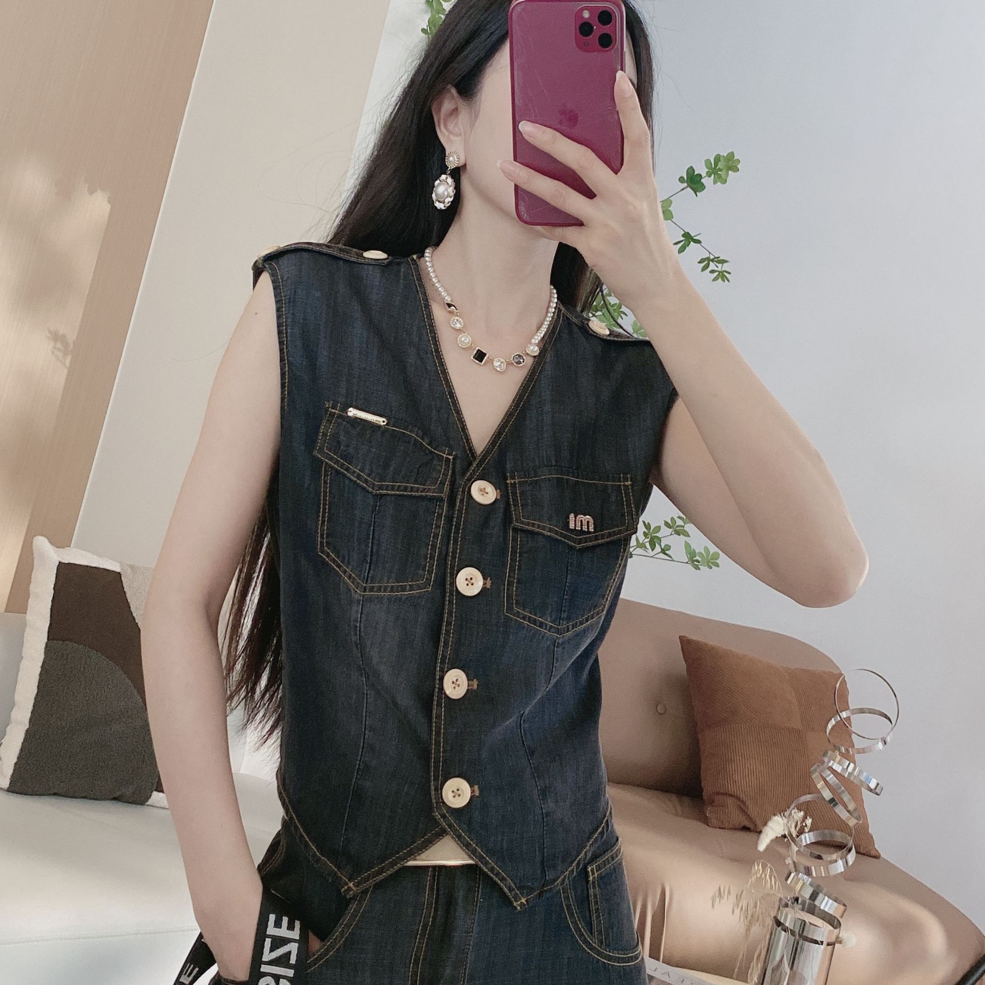 【橦颜】工装明线排扣牛仔马甲+阔腿裤两件套（YDB字）5510