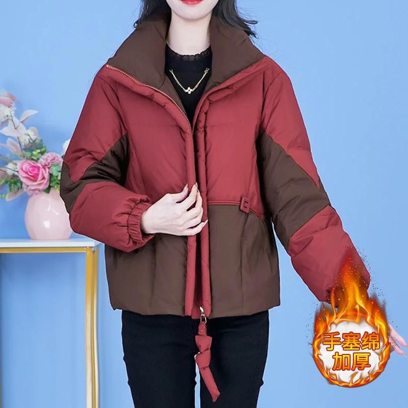 小众时尚拼色短款棉服女2025年冬季新款时尚拼接保暖加厚立领外套