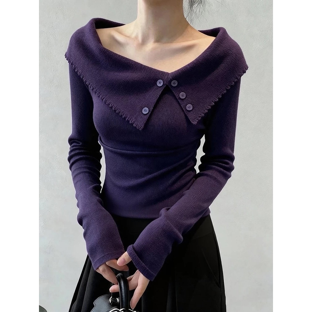 紫色不规则露肩针织衫长袖女温柔绝美百搭小上衣+皮裙套装