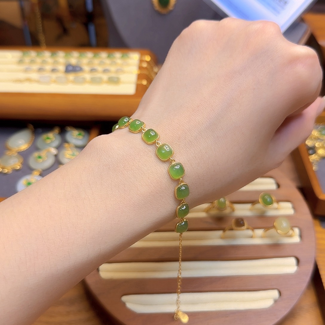 和田玉手链银S925镀金镶嵌