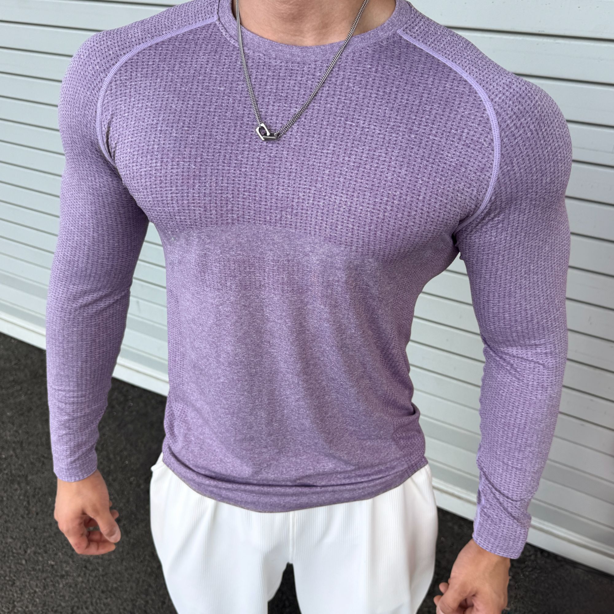 美式无缝提花运动长袖夏季纯色速干训练健身弹力修身圆领上衣T恤