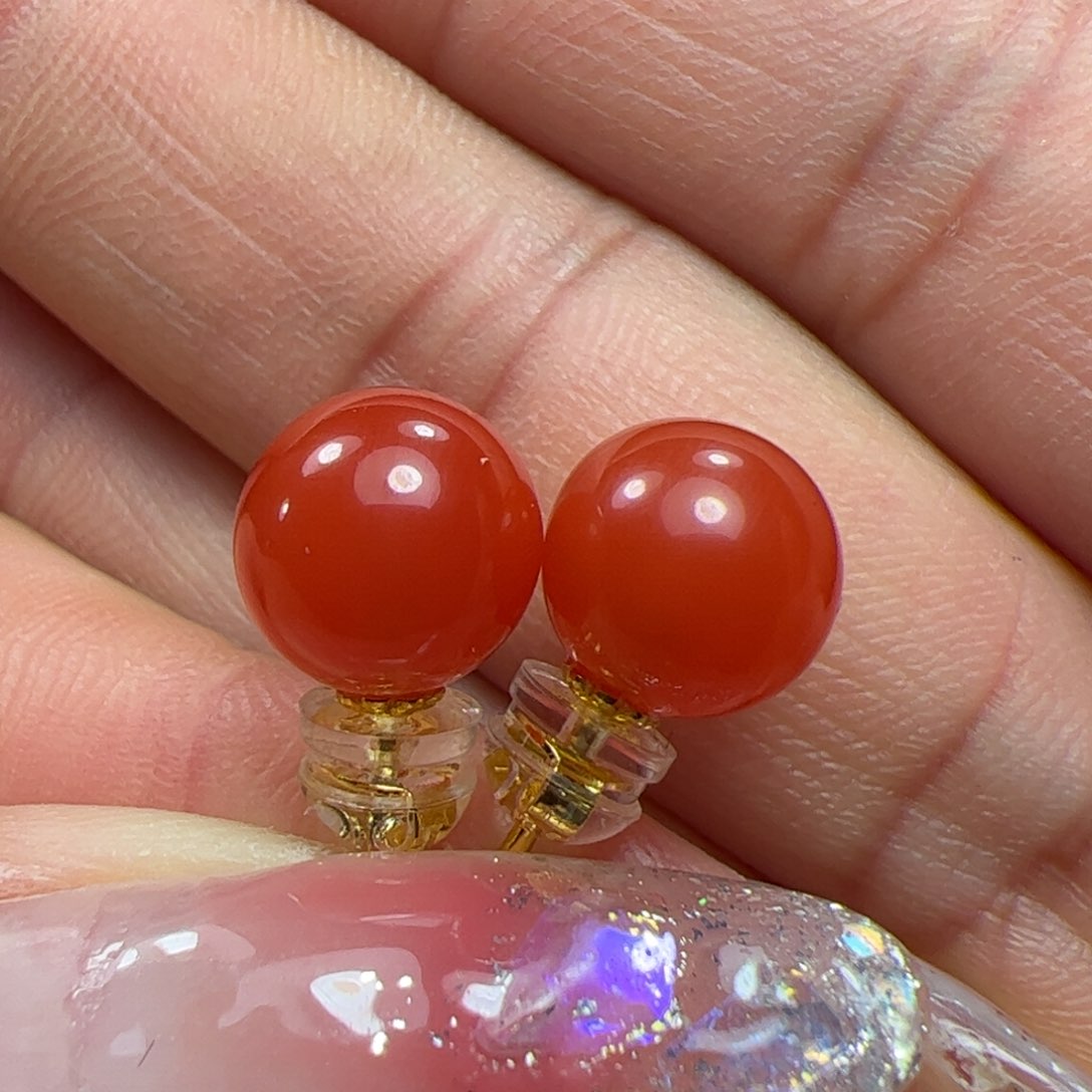 南红玛瑙耳钉18K金镶嵌