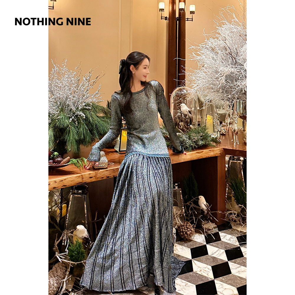 NOTHING NINE 美人鱼波光闪钻长袖连衣裙