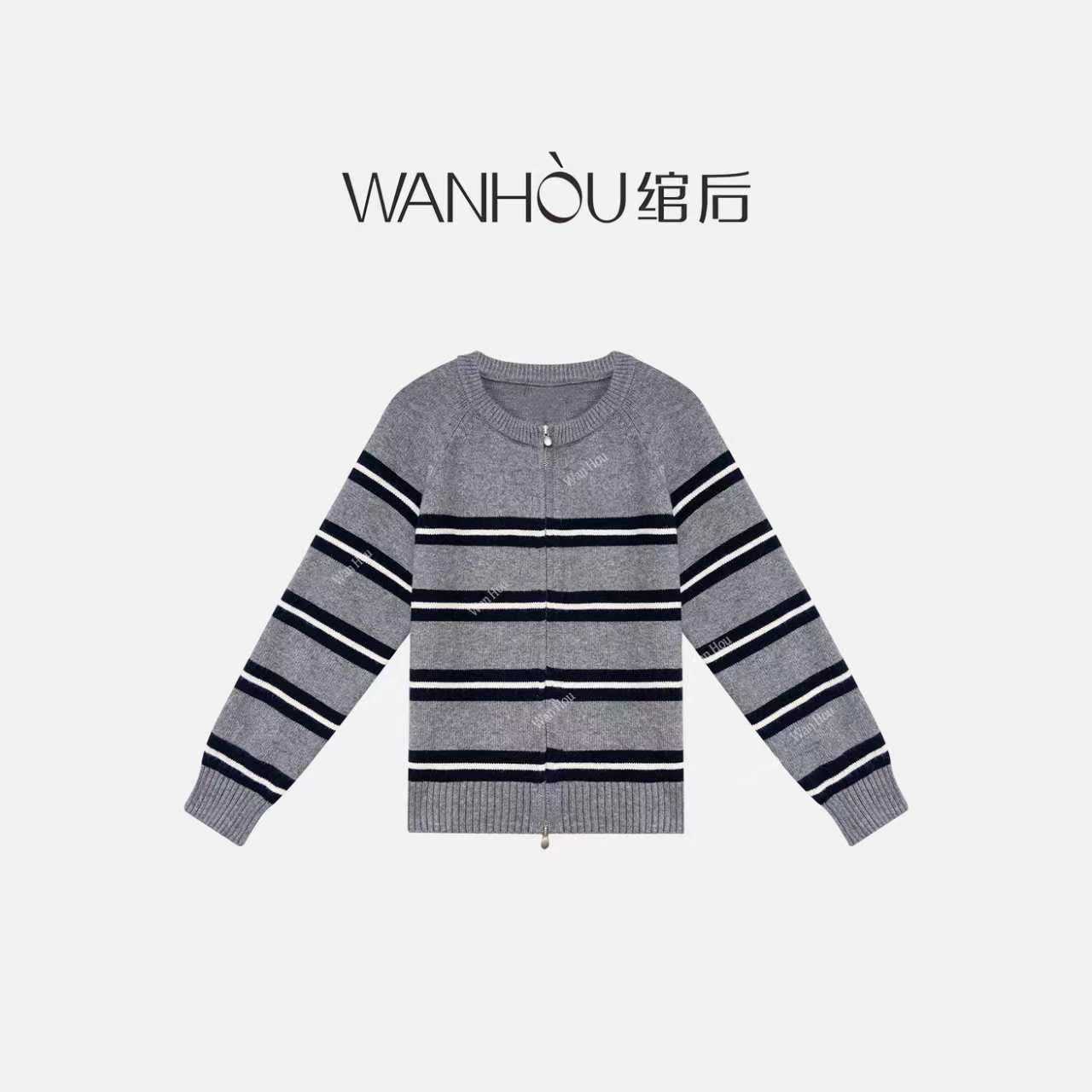 【C4138】#绾后-韩系慵懒条纹圆领双拉链针织开衫百搭毛衣SS