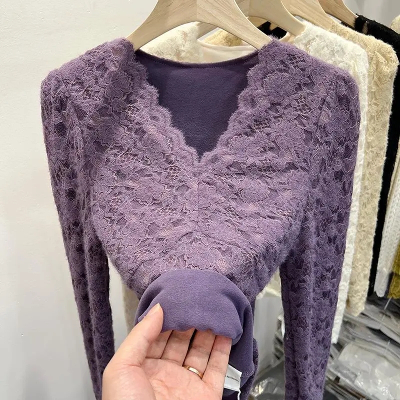 2025V领蕾丝打底衫女秋冬内搭可外穿新款设计感加绒加厚磨毛上衣