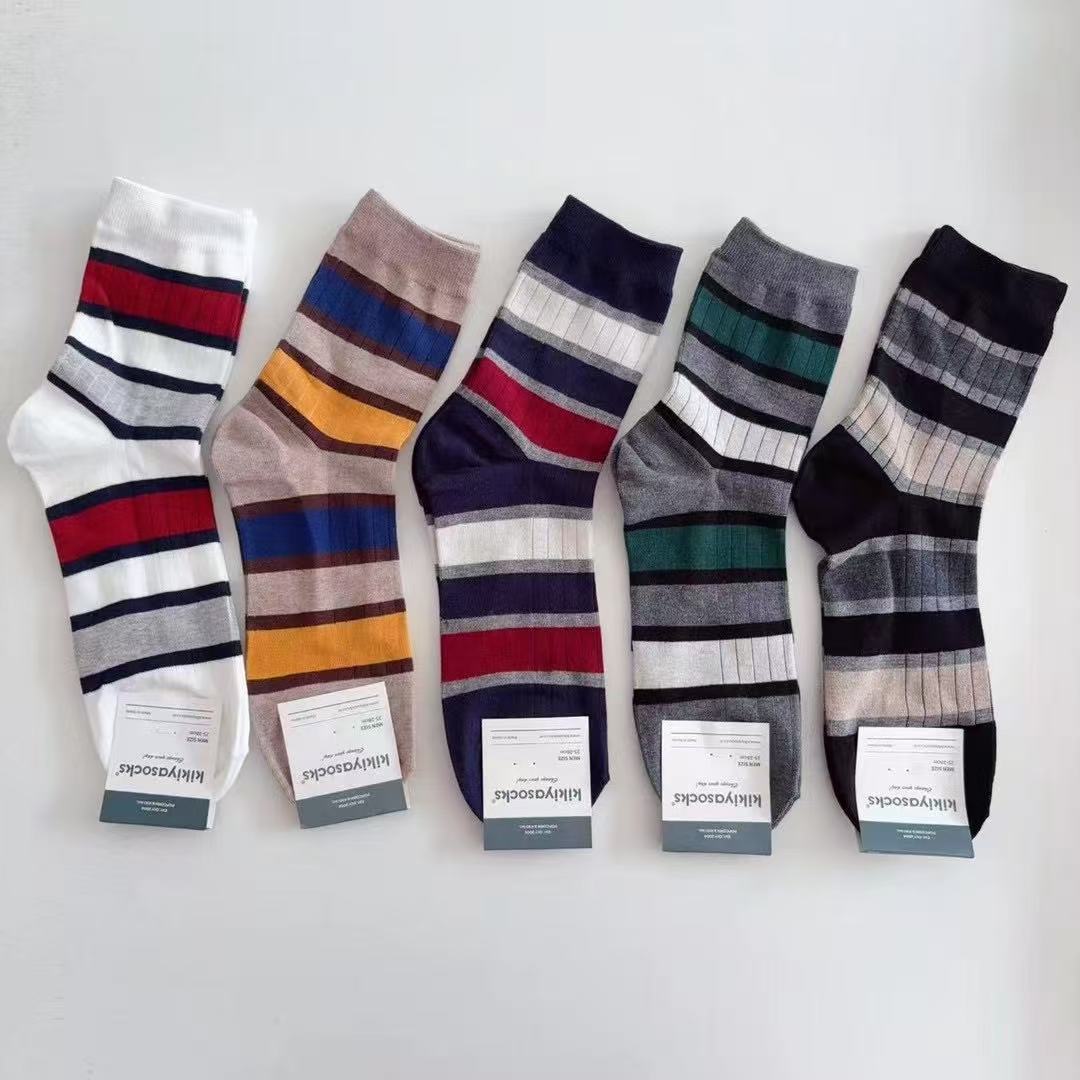 果妈家韩国进口四季彩色宽条纹拼色学院风棉袜男袜中筒袜袜子