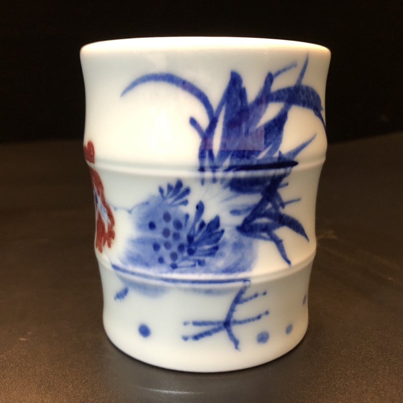 12.27/N100130/00791/青花釉里红公鸡竹节杯/口径7.2/高8.5/200cc