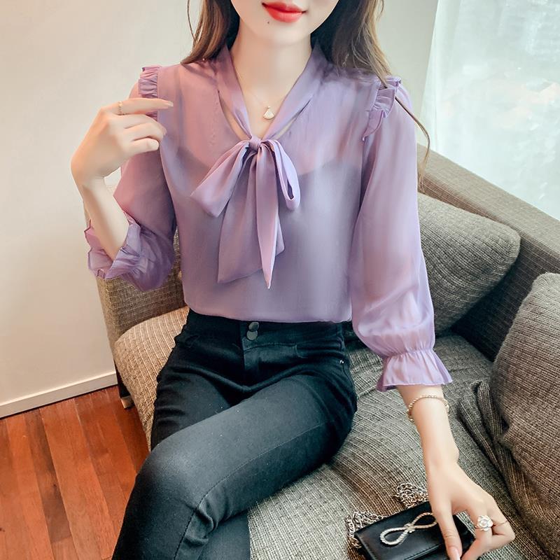 夏季新款女装七分袖小清新甜美上衣衬衫夏装漂亮蝴蝶结雪纺衬衫