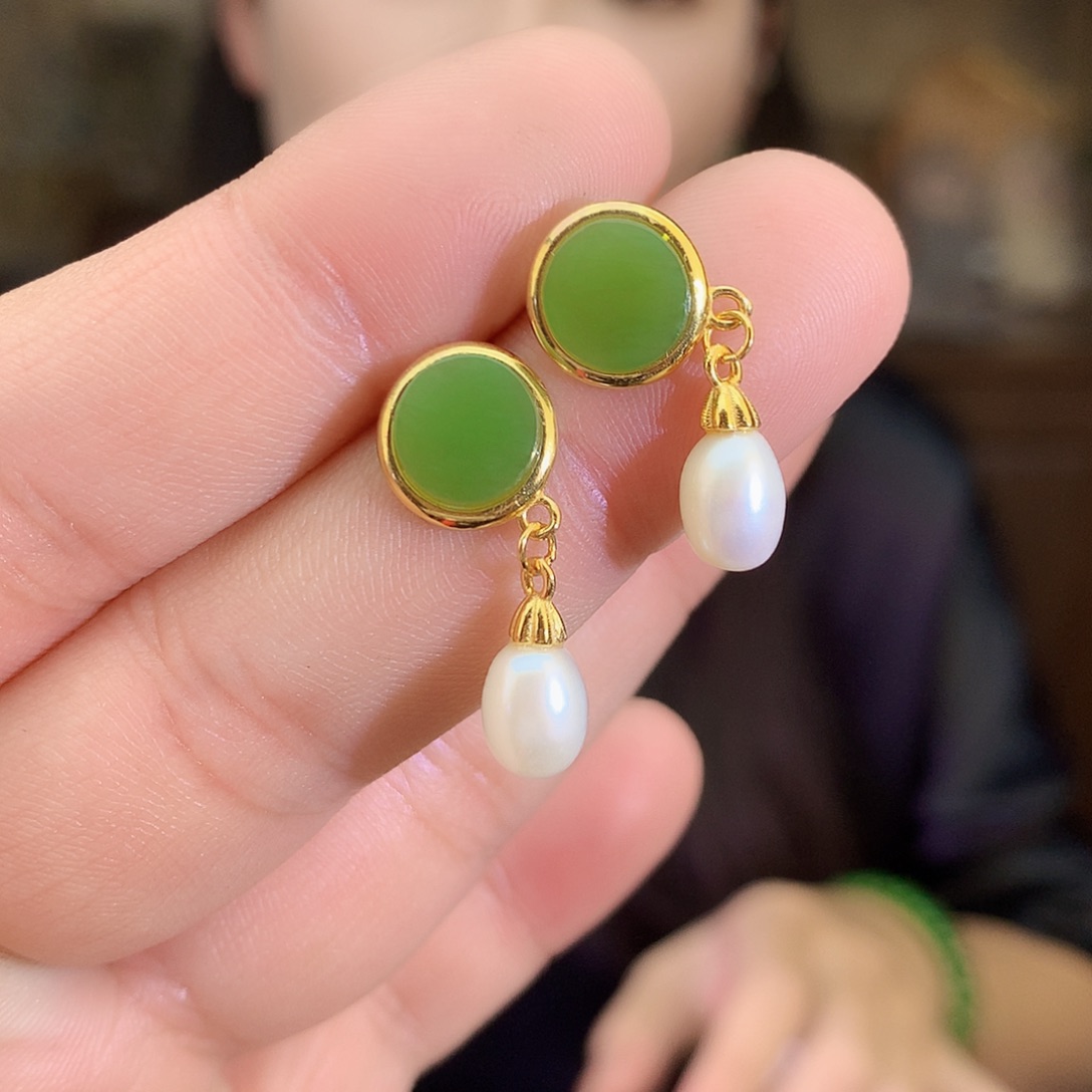 吊坠(不含链)银S925镶嵌和田玉（碧玉）耳饰