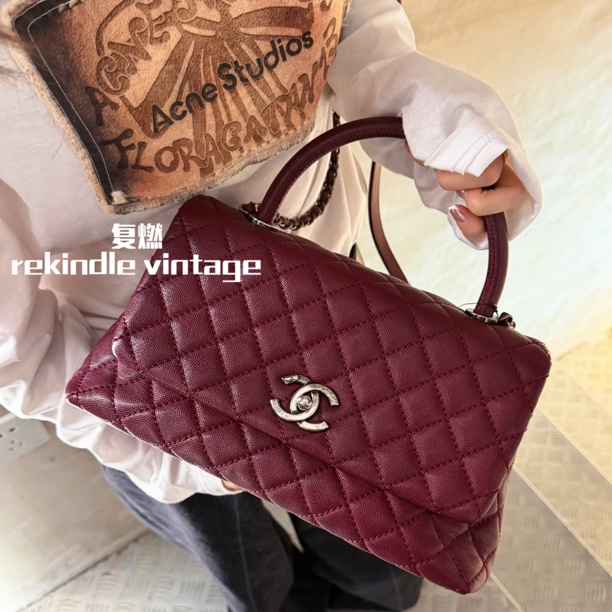 95新 Chanel/香奈儿 复燃精选/酒红色荔枝牛coco handle中号22开