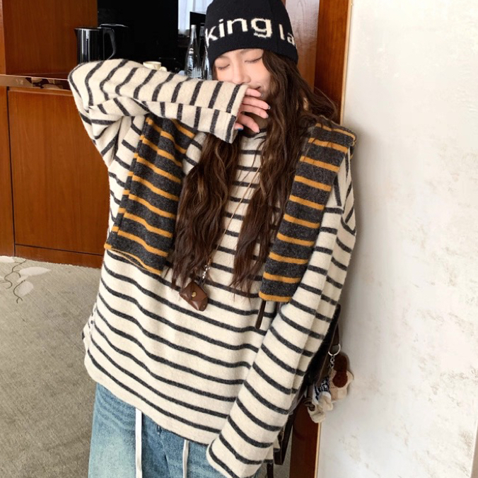 现货【运补4-5】韩版磨绒软糯慵懒风条纹T恤撞色长袖圆领外穿上衣