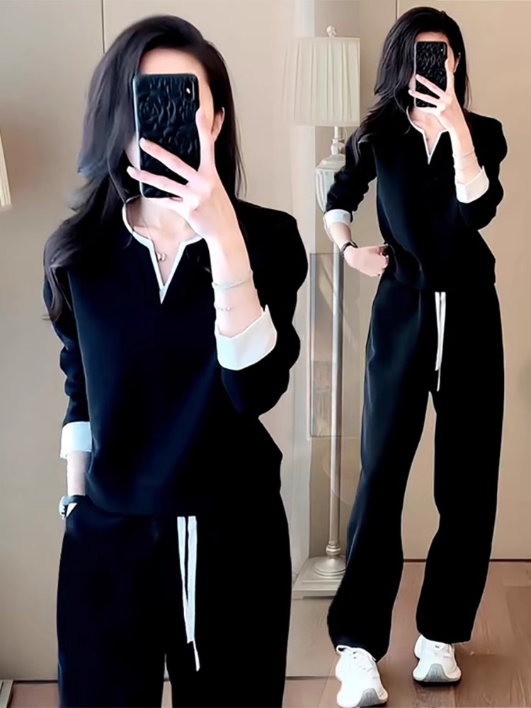 0336休闲风时尚套装韩版运动套装针织套装直筒卫衣裤子长裤女士