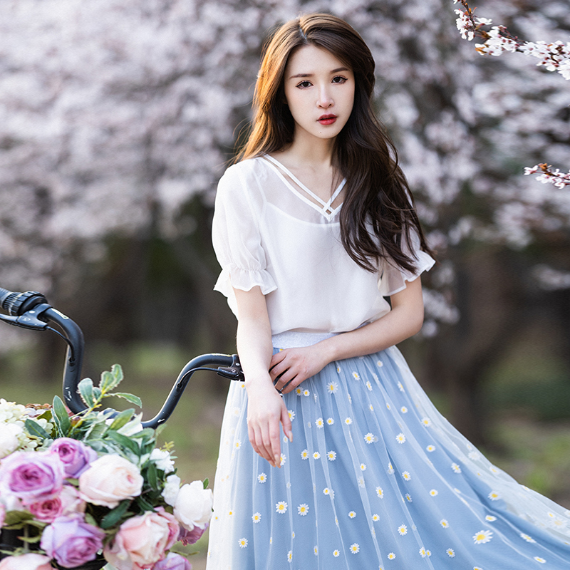 【清】298复古白色雪纺衫女短袖夏新款短款时尚v领小衫上衣