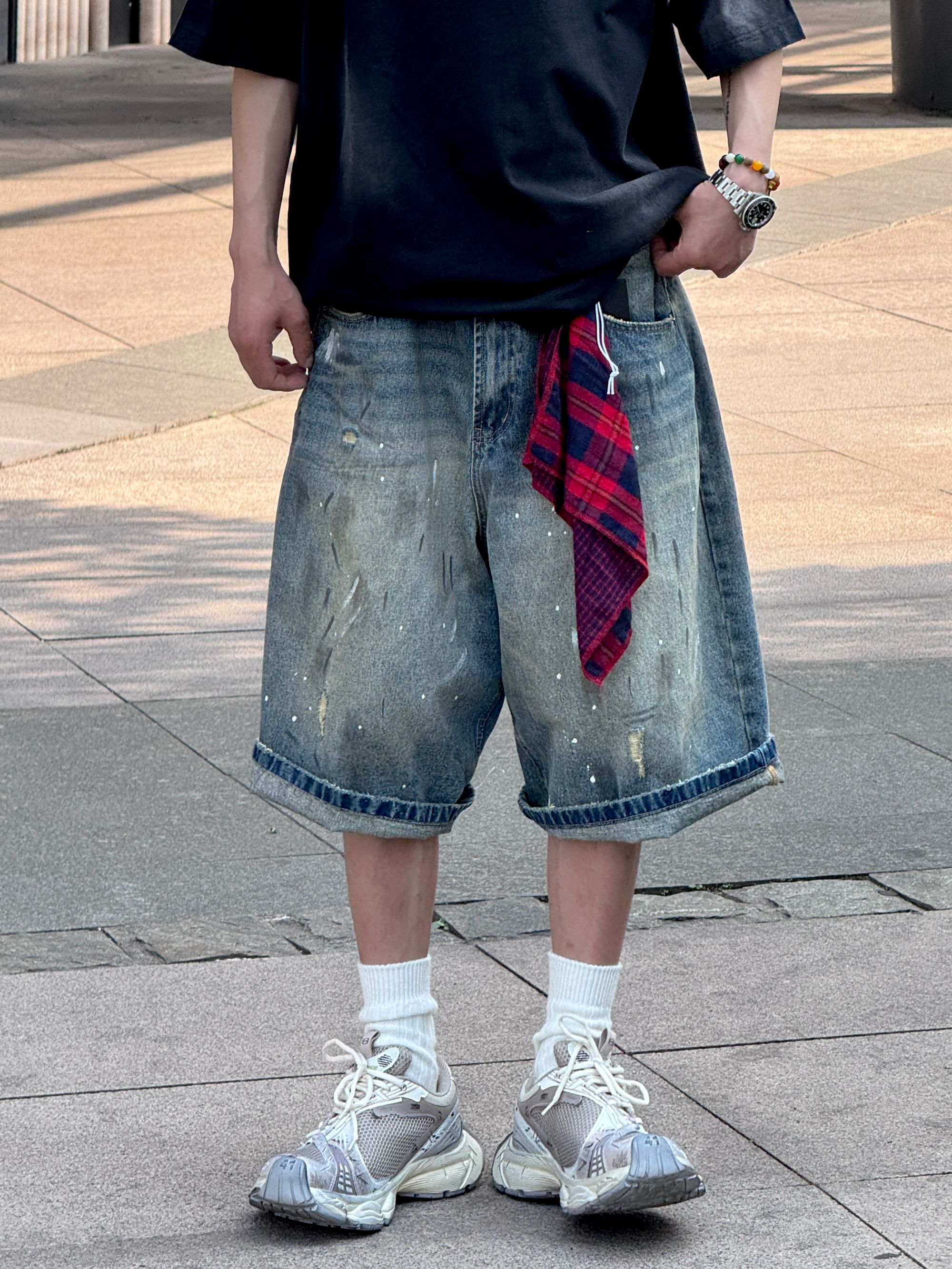 [7m 25SS]潮牌复古手绘水洗做旧泼墨漆点宽松直筒牛仔七分短裤男