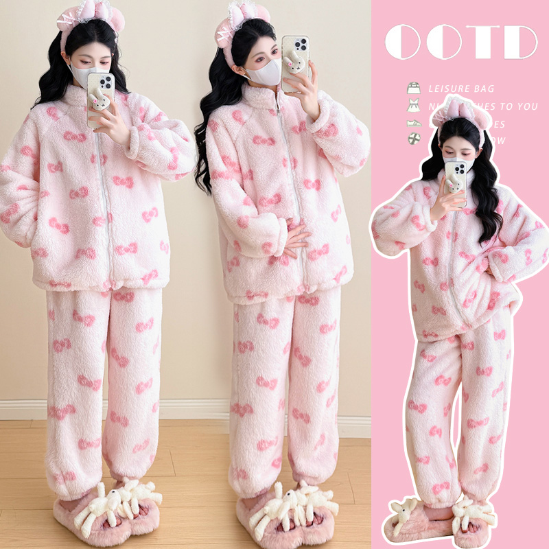 孕妇秋冬粉色蝴蝶结珊瑚绒拉链加绒加厚保暖甜美家居服套装产妇
