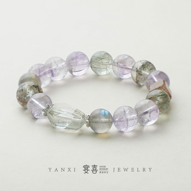 【翠影紫烟】绿幽灵随形✖紫晶灰月光单圈手串 多样性发其一