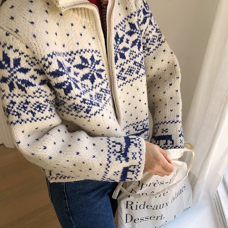 【运费补贴】米白色双拉链雪花费尔岛女毛衣针织衫显瘦外套