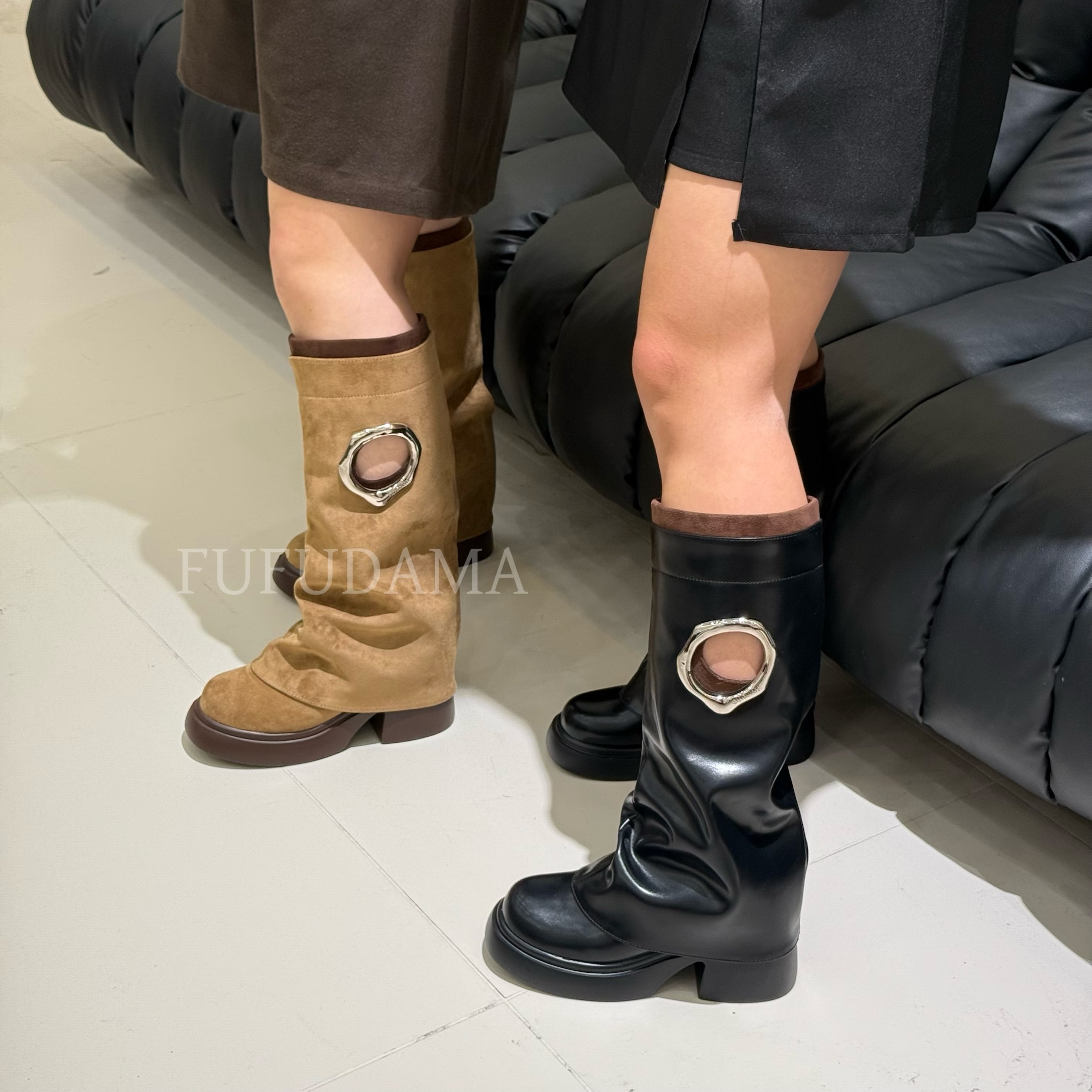 【胖福福大码女鞋】粗跟金属镂空长靴粗筒时装靴
