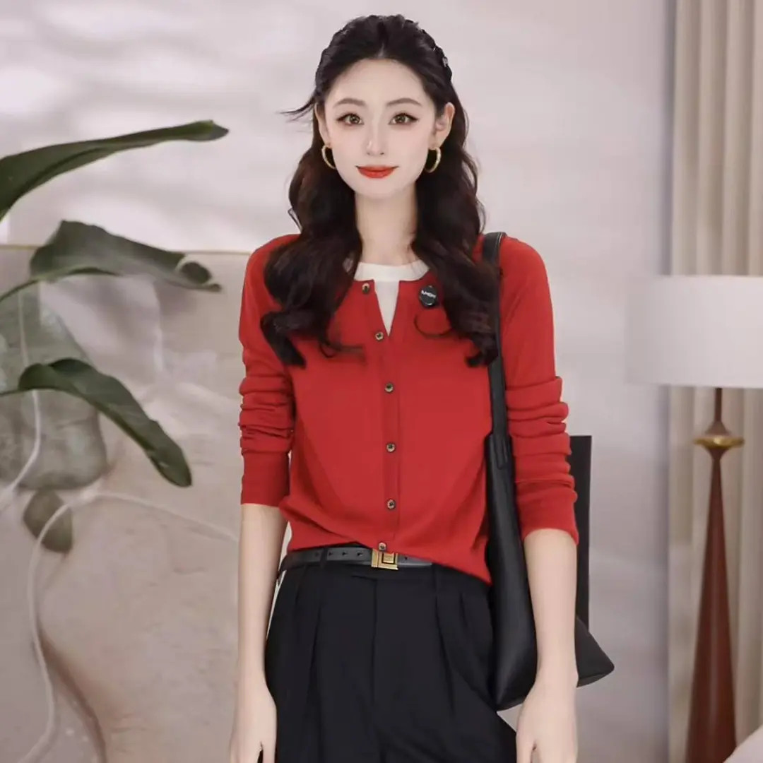 AMASS/阿玛施 新款假两件衬衣圆领百搭时尚黑白秋灰色假两件开衫