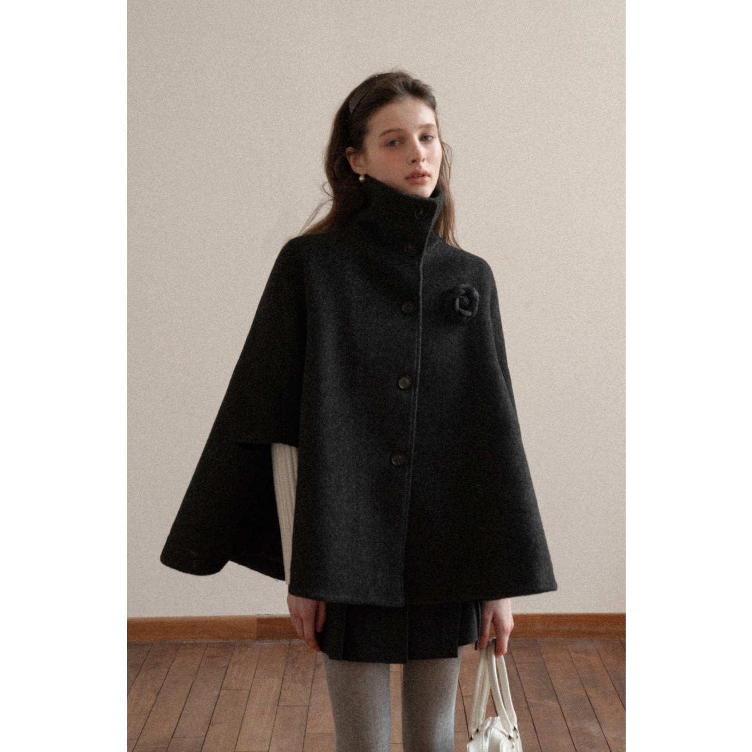 EGGKA法式千金风立领斗篷式夹棉毛呢外套气质上衣E25C60633YL