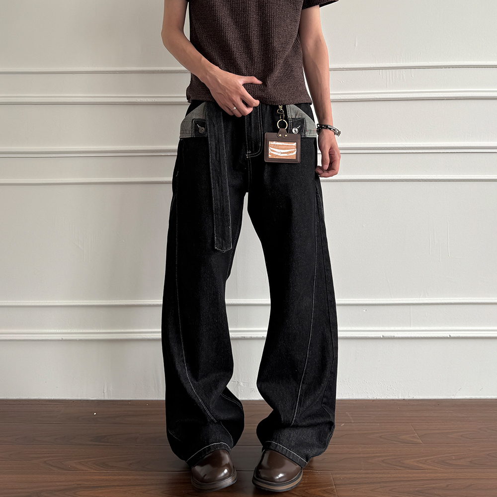 XCOK“千鸟格”老钱风树脂固色弯刀原牛设计感复古直筒微喇牛仔裤子