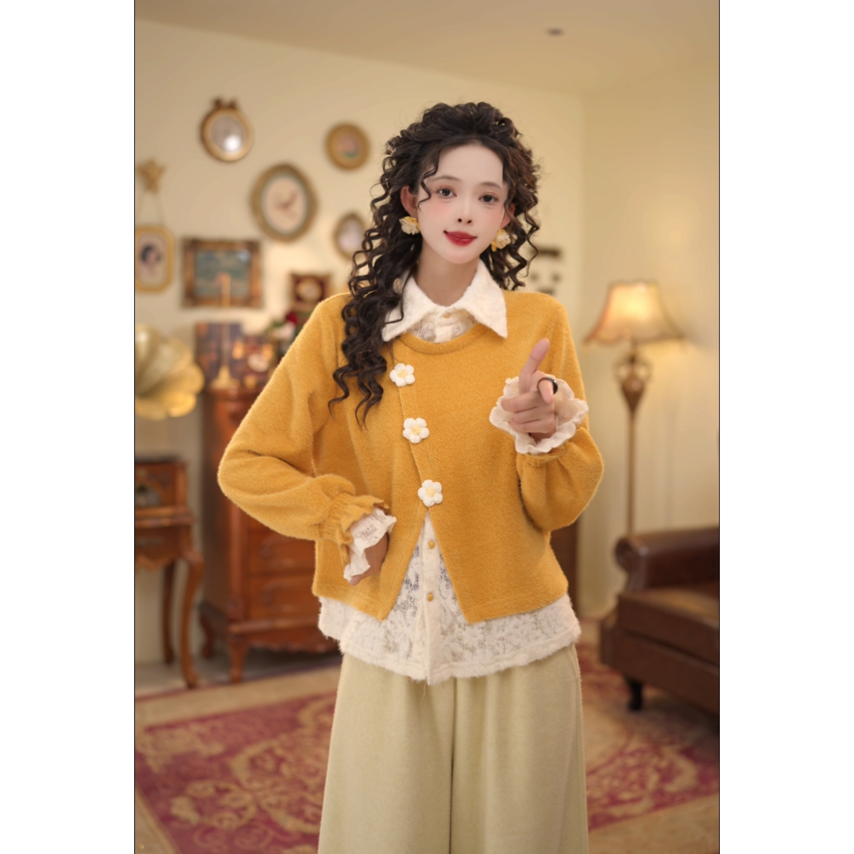 扣子家【江边映日】港风复古假两件拼接衬衫冬季长袖上衣KK0726559