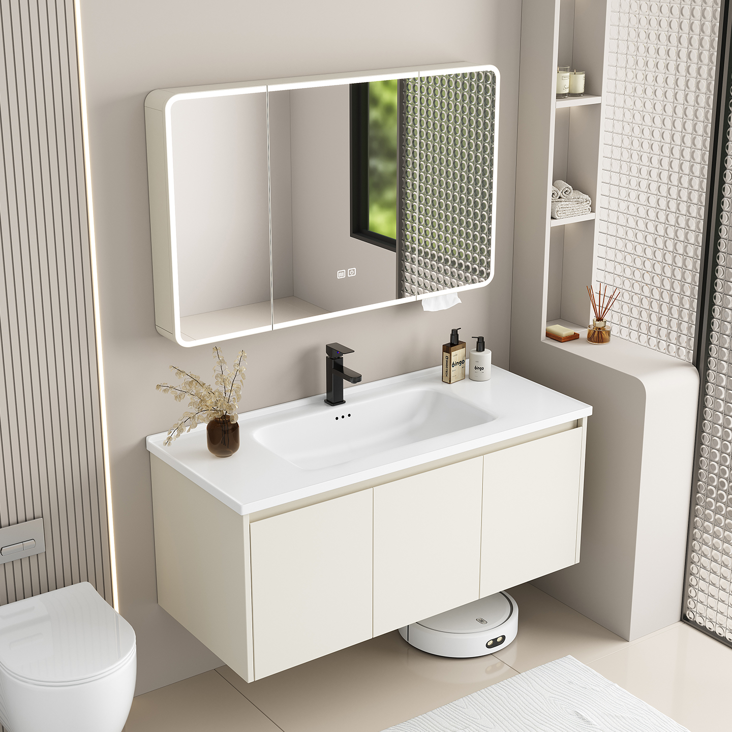 新款加厚蜂窝铝奶油白陶瓷一体盆浴室柜组合卫生间洗漱台洗脸盆柜