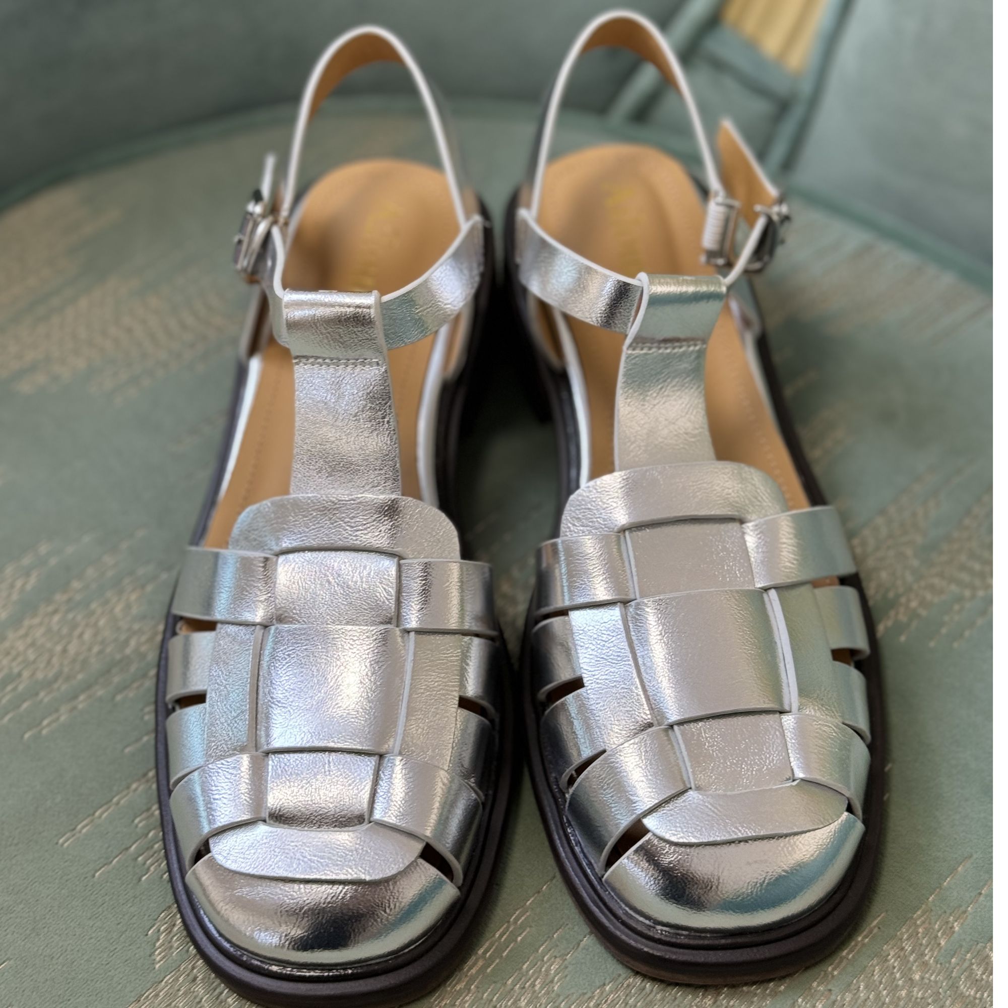 时装凉鞋编织包头凉鞋单鞋休闲银色时装露趾夏季