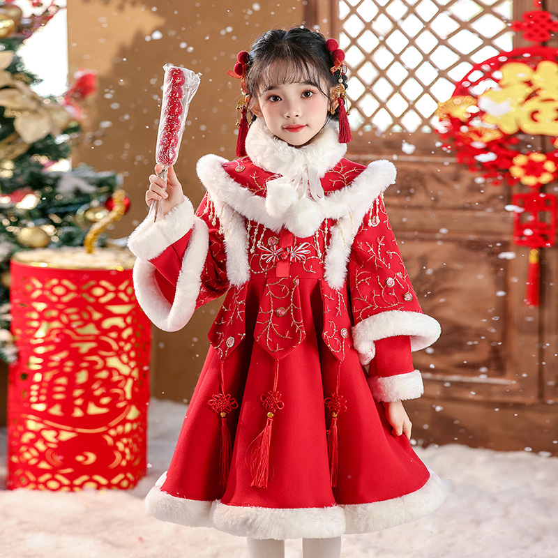 汉服女童冬季连衣裙儿童中国风表演裙子宝宝公主裙周岁礼服拜年服